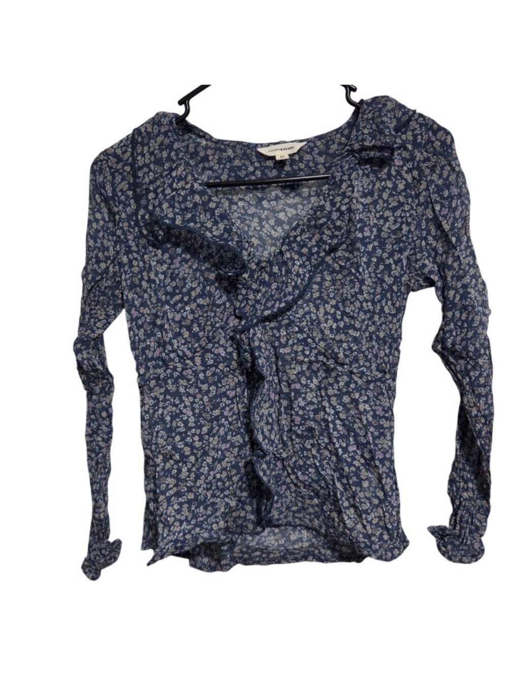 Lucky Brand Blouse Size XS Blue Floral Ruffle Long Sleeve Cottagecore Romantic